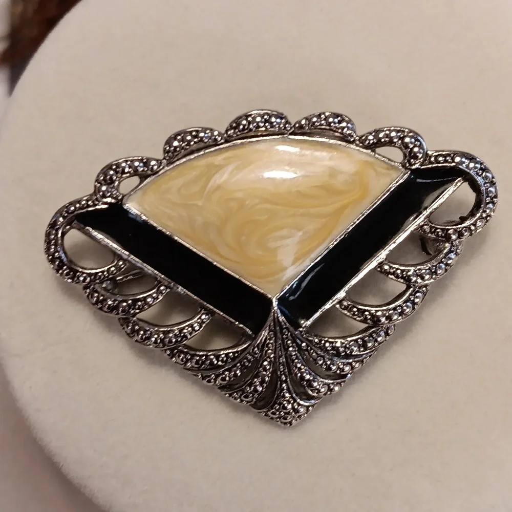 Vintage Avon Cream and Black Art Deco Filigree Fan- Shape Brooch Silver Tone